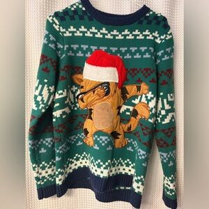 Holiday Time 14-16 Green Sweater with Santa Dab Cat Design
